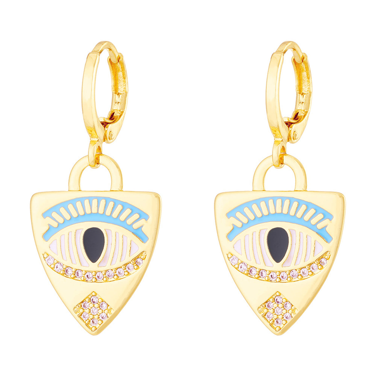 Cubic Zirconia and Enamel 18K Gold-Plated Eye Shield Drop Earring, gold huggie earrings, botanical inspired, front view