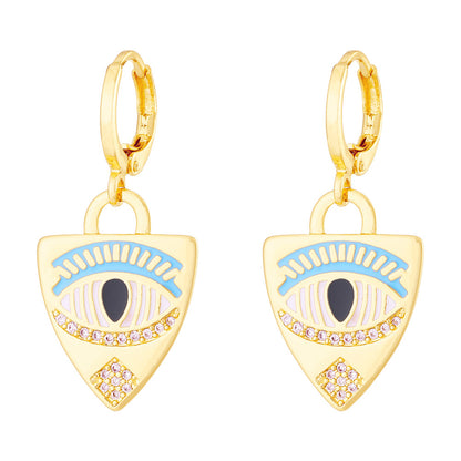 Cubic Zirconia and Enamel 18K Gold-Plated Eye Shield Drop Earring, gold huggie earrings, botanical inspired, front view