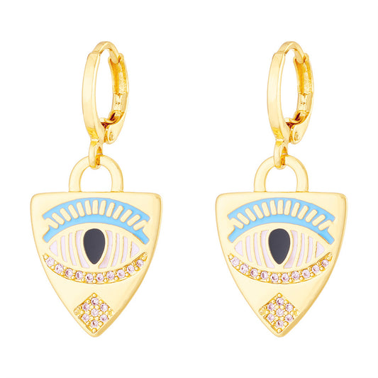 Cubic Zirconia and Enamel 18K Gold-Plated Eye Shield Drop Earring, gold huggie earrings, botanical inspired, front view