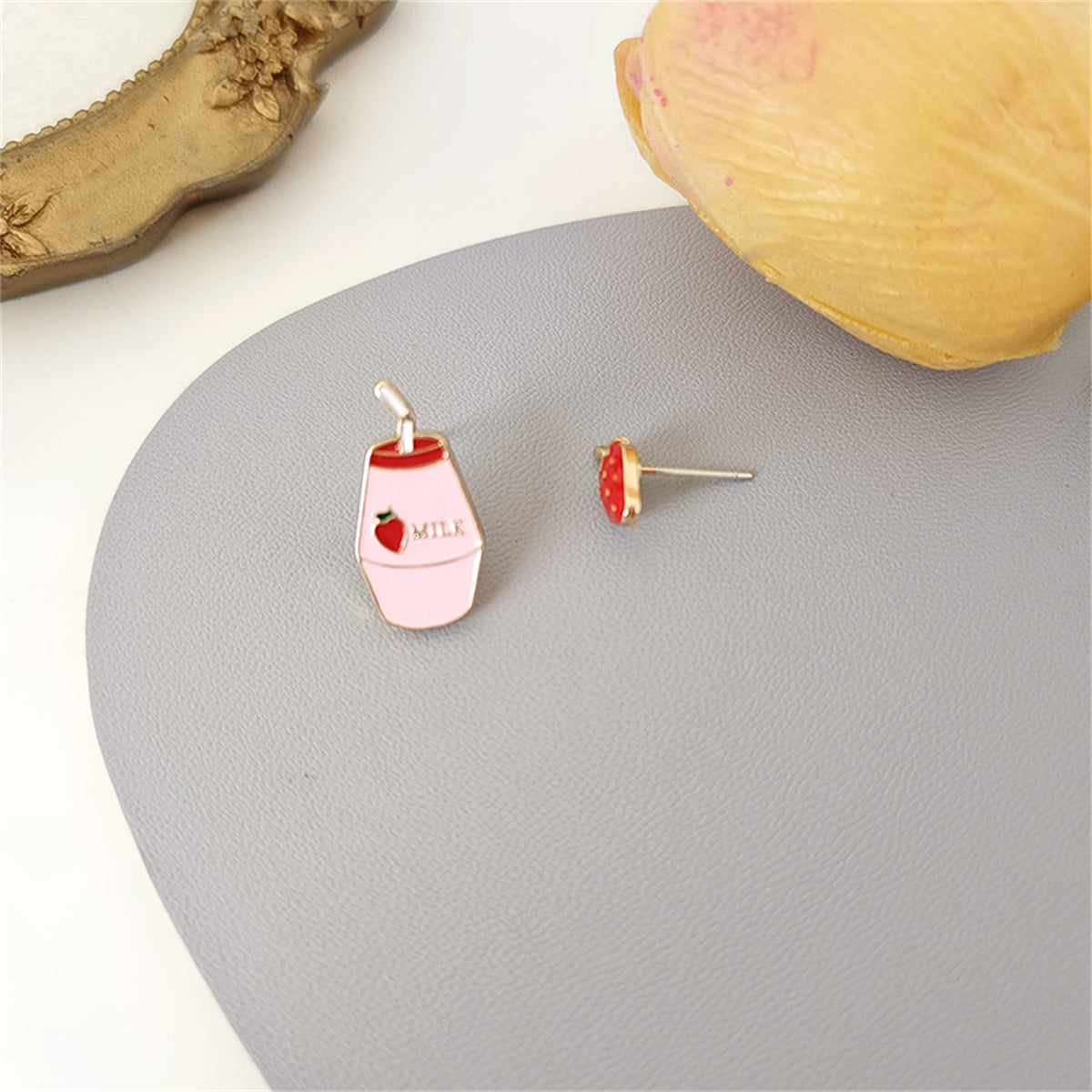 Pink Enamel and 18K Gold-Plated Strawberry Milk Stud Earrings, gold drop earrings for women, detail close-up