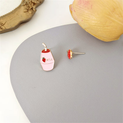 Pink Enamel and 18K Gold-Plated Strawberry Milk Stud Earrings, gold drop earrings for women, detail close-up