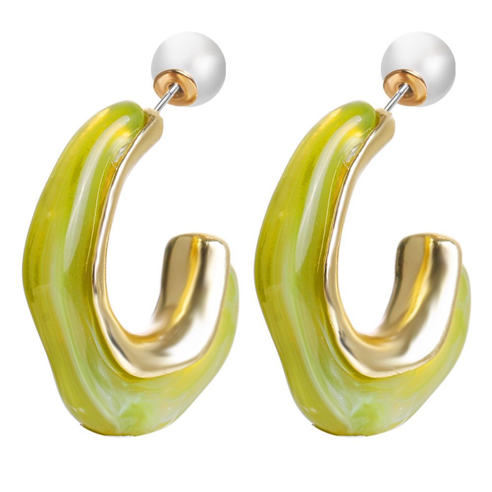 Green and Pearl C-Shape Ear Jackets, drop earrings for women, dainty minimalist design, front view