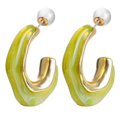 Green and Pearl C-Shape Ear Jackets, drop earrings for women, dainty minimalist design, front view