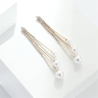 Pearl and Cubic Zirconia 18K Gold-Plated Bead Tassel Drop Earrings, gold drop earrings for women, front view
