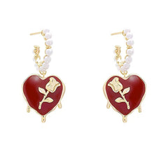 Wine Red & Pearl Rose Heart Huggie Earring