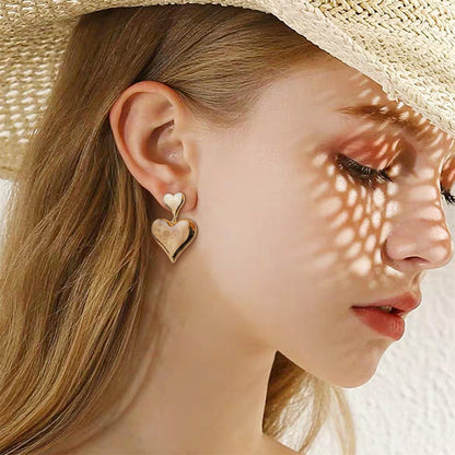 18K Gold-Plated Double Heart Drop Earrings, gold drop earrings for women, dainty minimalist design, styled look