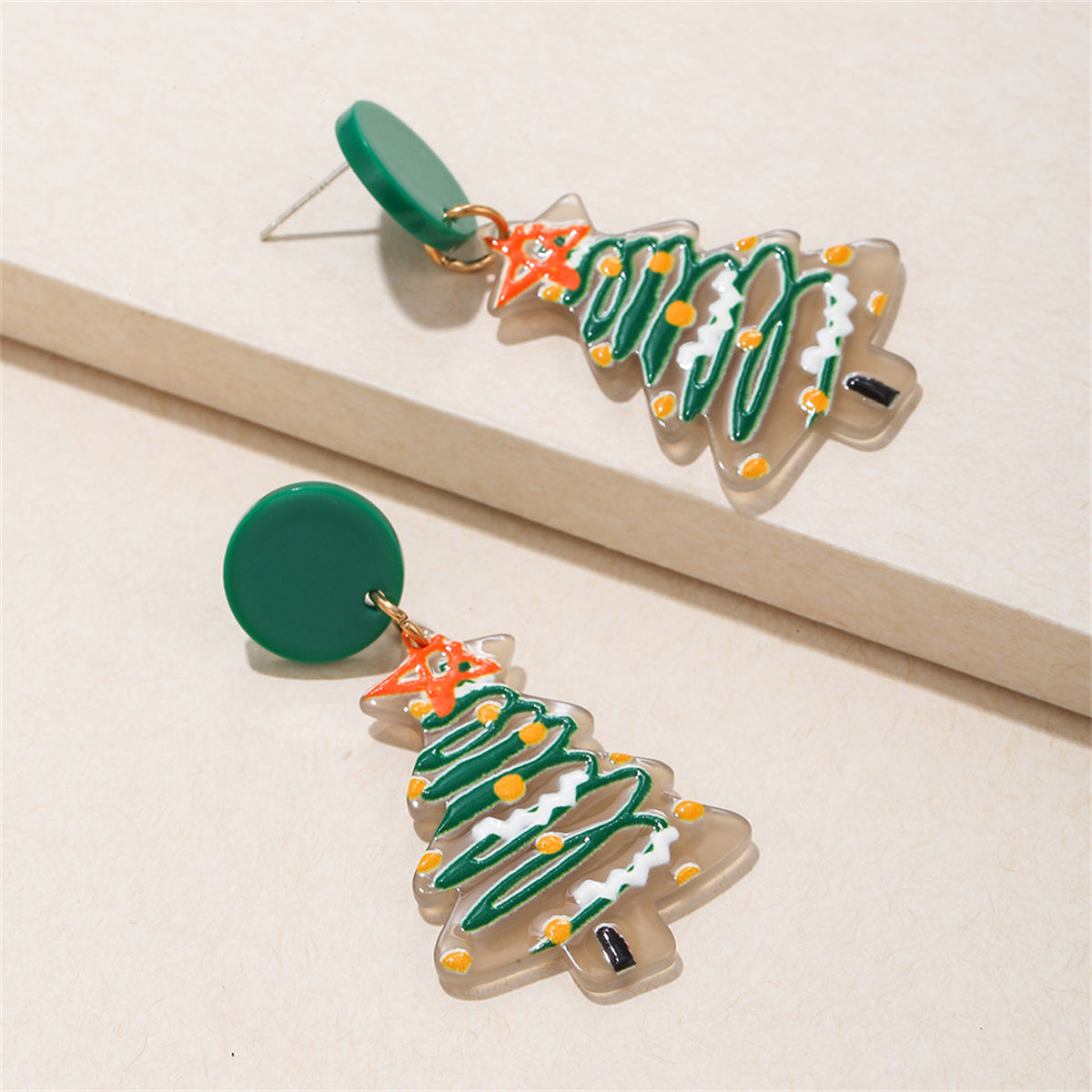 Light Green & White Christmas Tree Drop Earrings