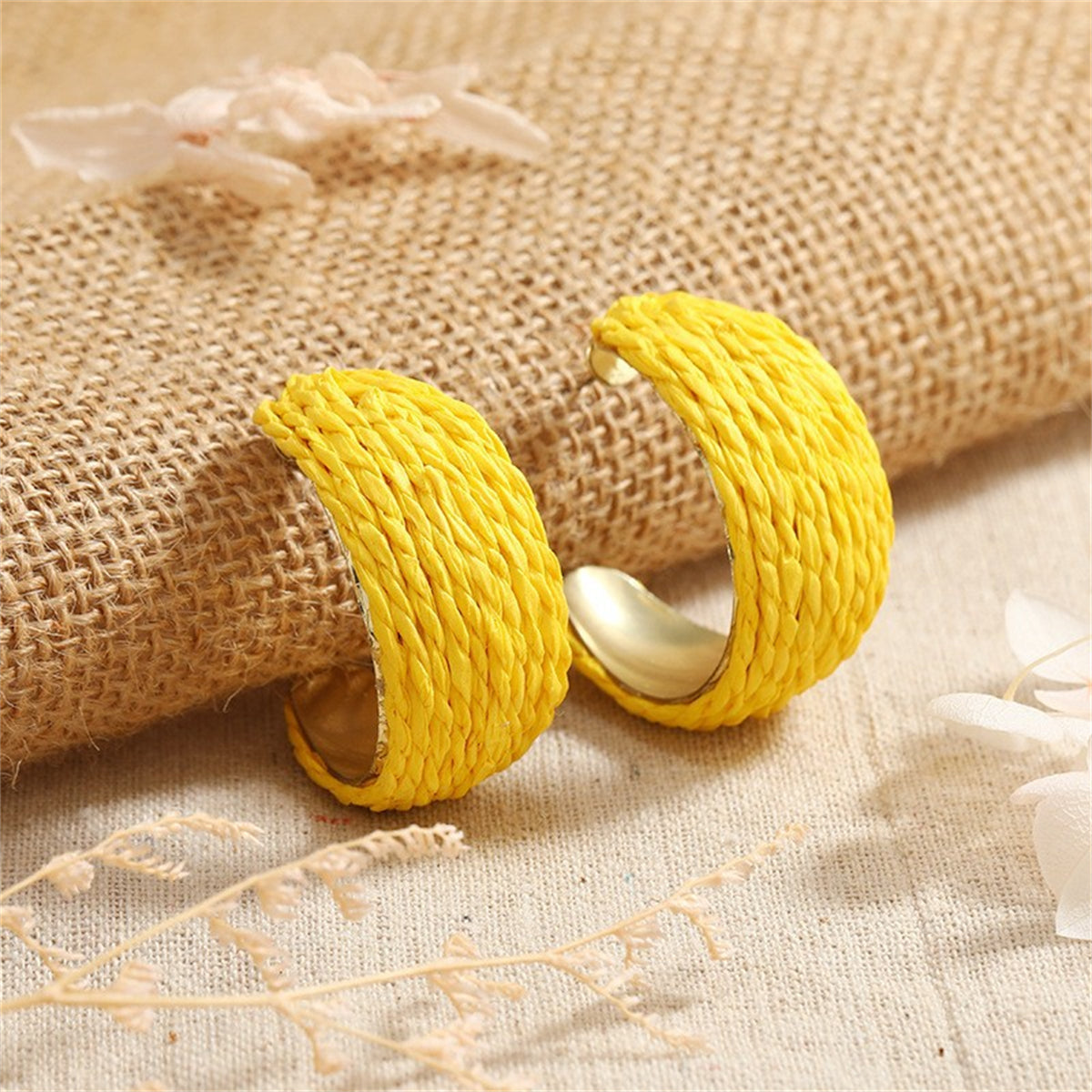 Yellow Raffia and 18K Gold-Plated Huggie Earrings, gold huggie earrings, elegant gift for her, lifestyle look