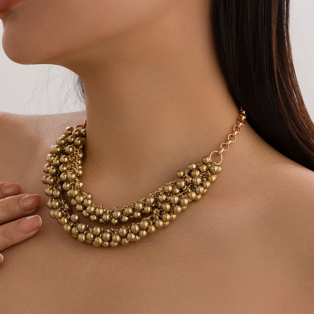 18K Gold-Plated Beaded Chain Necklace, gold pendant necklace for women, vintage-inspired design, side view