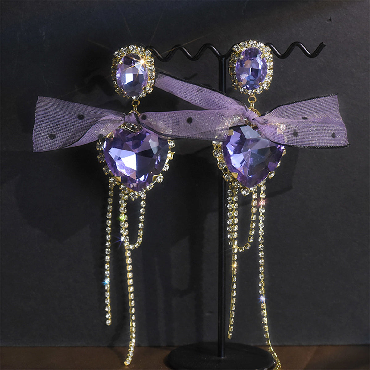 Pink Crystal and Cubic Zirconia Heart Bow Drop Earrings, drop earrings for women, botanical inspired, lifestyle look