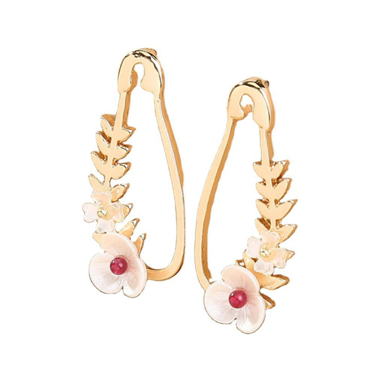 White Acrylic and 18K Gold-Plated Flower Pin Drop Earrings, gold stud earrings for women, elegant gift for her, front view
