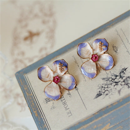 Purple Enamel and 18K Gold-Plated Bee Flower Stud Earrings, gold stud earrings for women, detail close-up