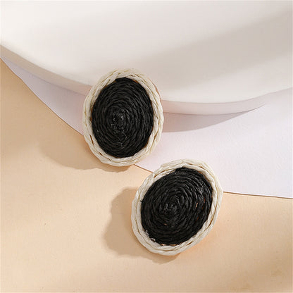 Black Raffia and Silver-Plated Oval Stud Earrings, silver stud earrings for women, dainty minimalist design, detail close-up