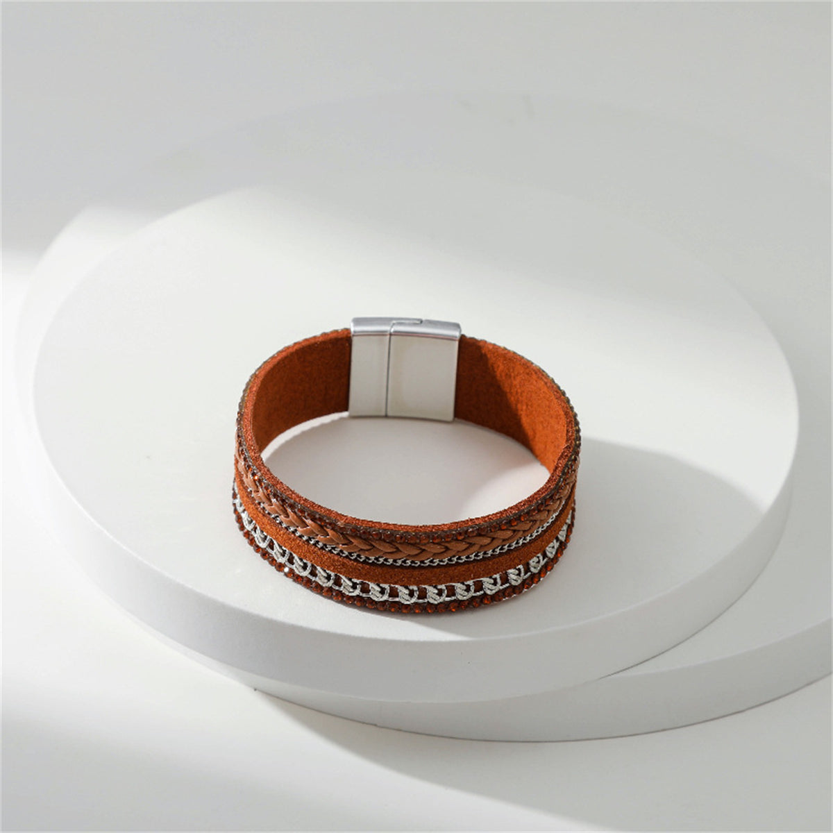 Brown Polystyrene and Cubic Zirconia Silver-Plated Curb-Chain Bracelet, silver bracelet for women, detail close-up