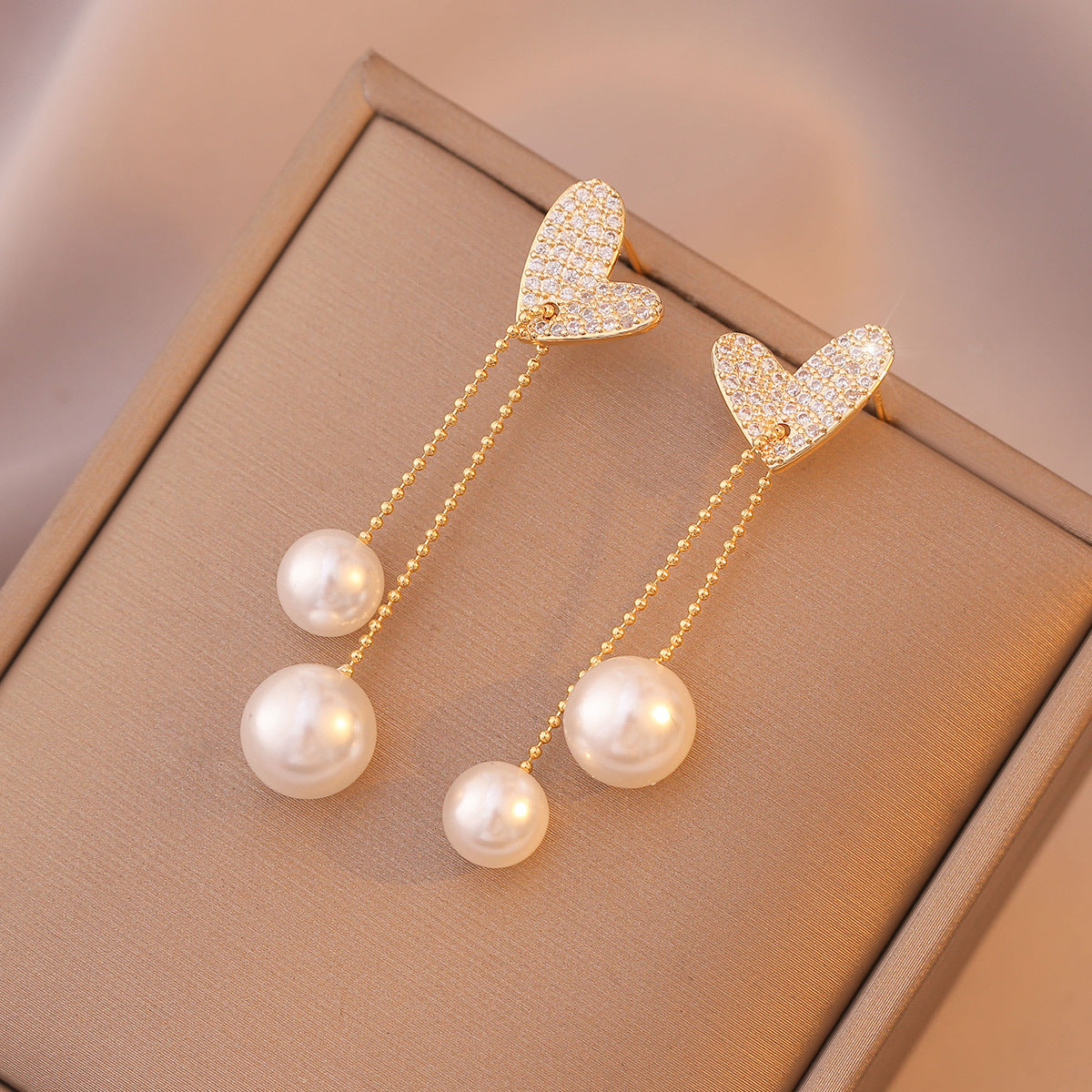 Cubic Zirconia and Pearl 18K Gold-Plated Heart Bead Drop Earrings, gold drop earrings for women, side view