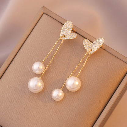 Cubic Zirconia and Pearl 18K Gold-Plated Heart Bead Drop Earrings, gold drop earrings for women, side view