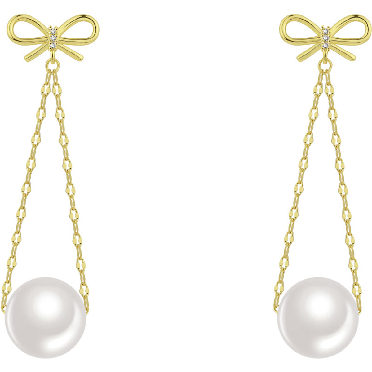 Cubic Zirconia and Pearl 18K Gold-Plated Bow Chain Drop Earrings, gold drop earrings for women, front view
