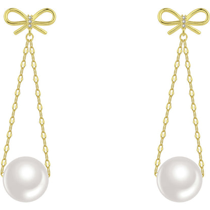 Cubic Zirconia and Pearl 18K Gold-Plated Bow Chain Drop Earrings, gold drop earrings for women, front view