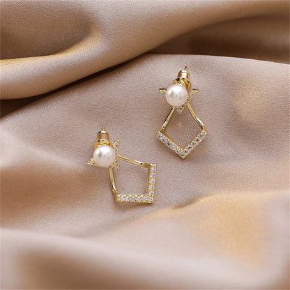 Pearl and Cubic Zirconia 18K Gold-Plated Rhombus Ear Jackets, gold drop earrings for women, side view