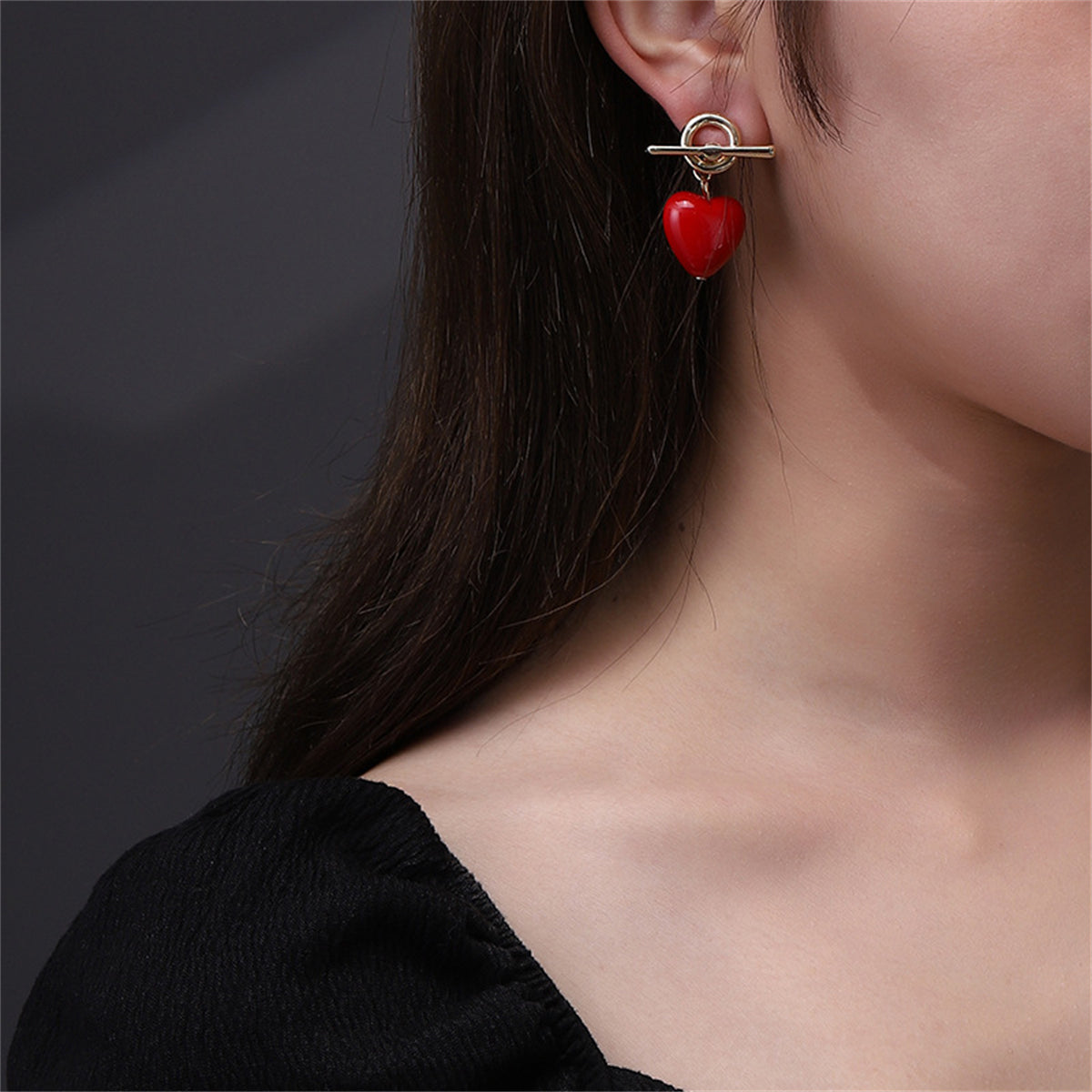 Red Resin and 18K Gold-Plated Toggle Heart Drop Earrings, gold drop earrings for women, everyday style, lifestyle look