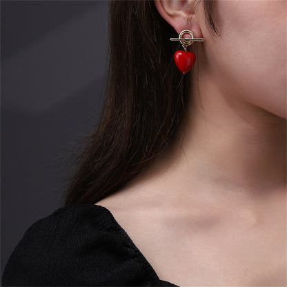 Red Resin and 18K Gold-Plated Toggle Heart Drop Earrings, gold drop earrings for women, everyday style, lifestyle look