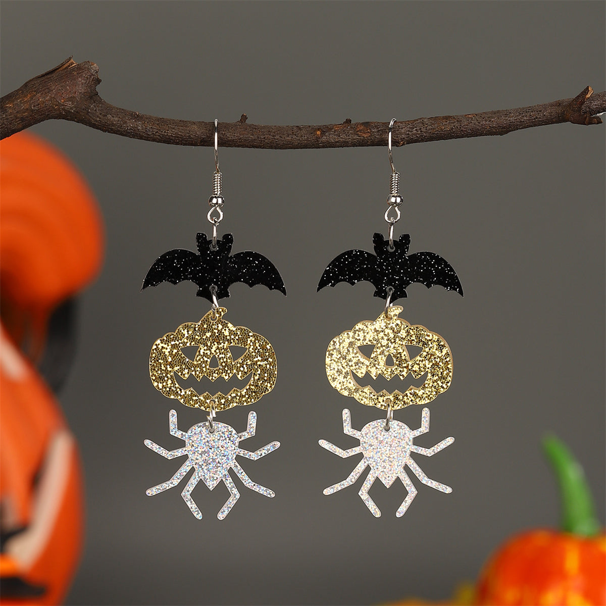 Orange and Silver-Plated Spooky Friends Drop Earrings, silver drop earrings for women, vintage-inspired design, side view