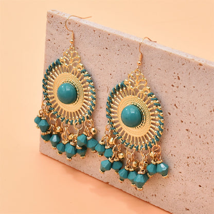 Green Acrylic and Enamel 18K Gold-Plated Openwork Round Drop Earrings, gold drop earrings for women, lifestyle look