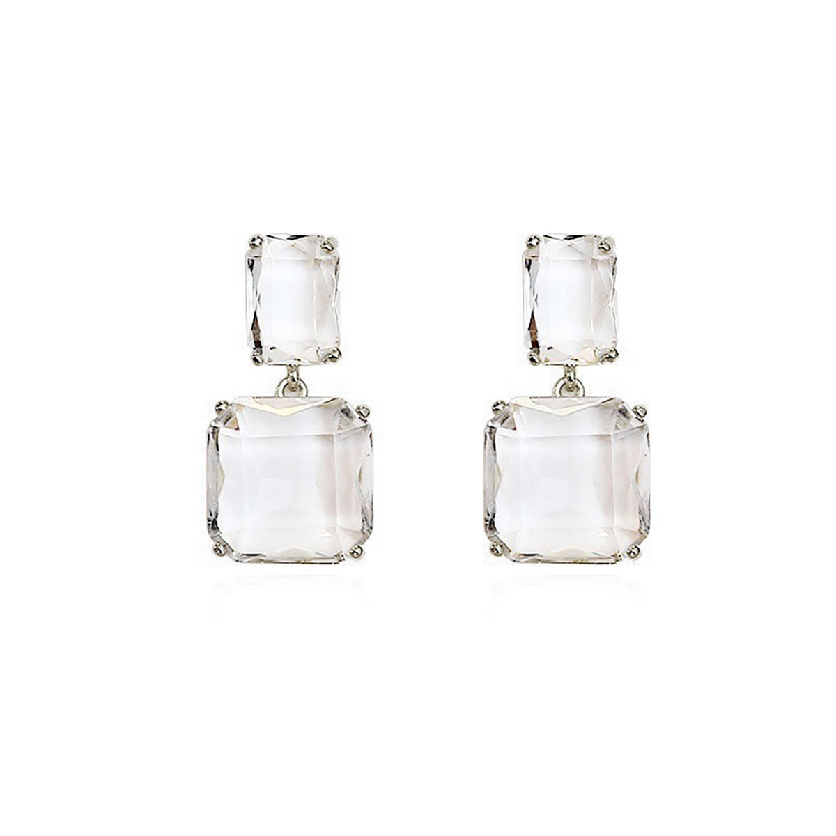 Clear Crystal Silver-Plated Square Drop Earrings, silver drop earrings for women, vintage-inspired design, styled look