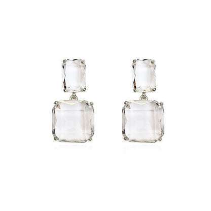 Clear Crystal Silver-Plated Square Drop Earrings, silver drop earrings for women, vintage-inspired design, styled look