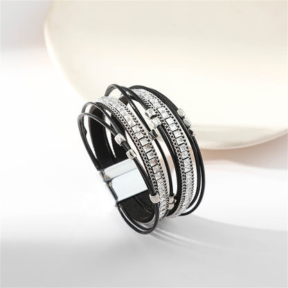 Black Polystyrene and Silver-Plated Layered Beaded Bracelet, silver bracelet for women, dainty minimalist design, front view