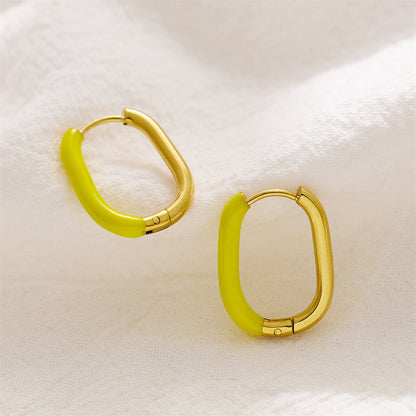 Orange Enamel and 18K Gold-Plated Square Huggie Earrings, gold huggie earrings, botanical inspired, detail close-up