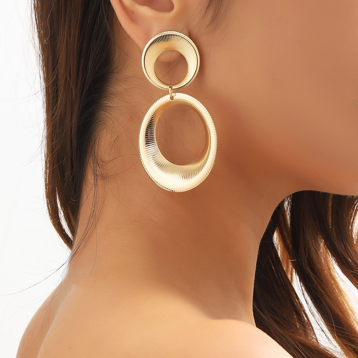 18K Gold-Plated Double Ring Drop Earrings, gold drop earrings for women, vintage-inspired design, front view