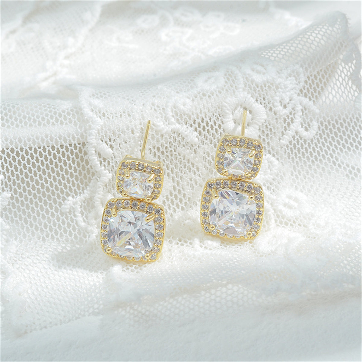 Cubic Zirconia & Crystal 18K Gold-Plated Double Cushion Drop Earrings