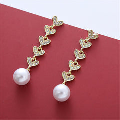 Cubic Zirconia & Pearl 18K Gold-Plated Linked Heart Drop Earrings