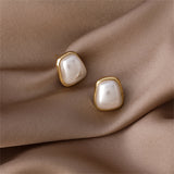 Pearl & 18k Gold-Plated Trapezoid Bezel Stud Earring