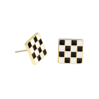 Black and White Plaid Square Stud Earrings, stud earrings for women, elegant gift for her, side view