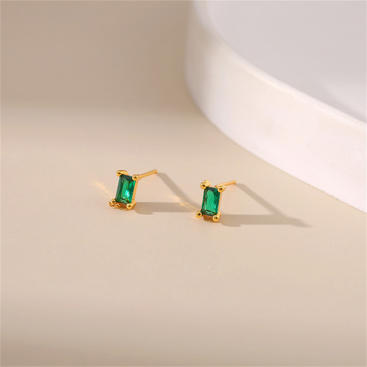 Green Crystal and 18K Gold-Plated Rectangle Stud Earrings, gold stud earrings for women, everyday style, detail close-up