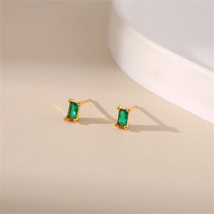 Green Crystal and 18K Gold-Plated Rectangle Stud Earrings, gold stud earrings for women, everyday style, detail close-up