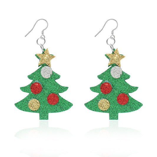 Green Polystyrene and Silver-Plated Glitter Holiday Tree Drop Earrings, silver drop earrings for women, front view