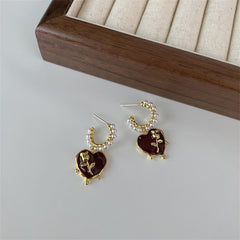 Wine Red & Pearl Rose Heart Huggie Earring
