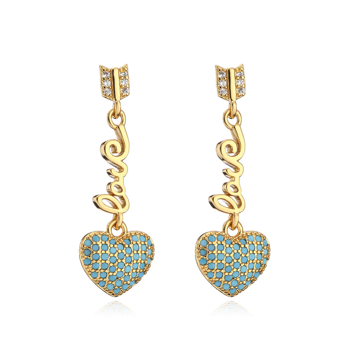 Cyan Cubic Zirconia & 18K Gold-Plated 'LOVE' Heart Drop Earrings