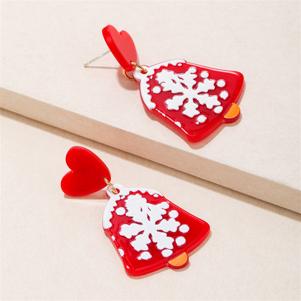 Red and White Snowflake Bell Drop Earrings, drop earrings for women, everyday style, side view
