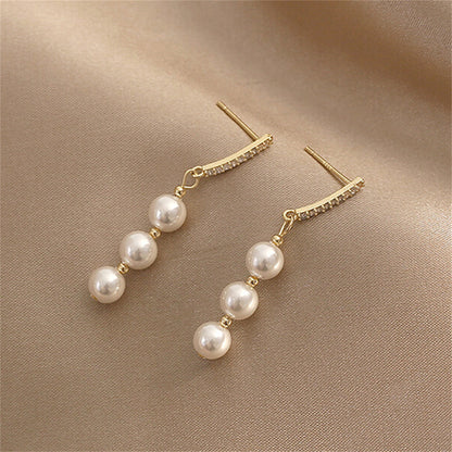 Pearl and Cubic Zirconia 18K Gold-Plated Drop Earrings, gold drop earrings for women, elegant gift for her, lifestyle look