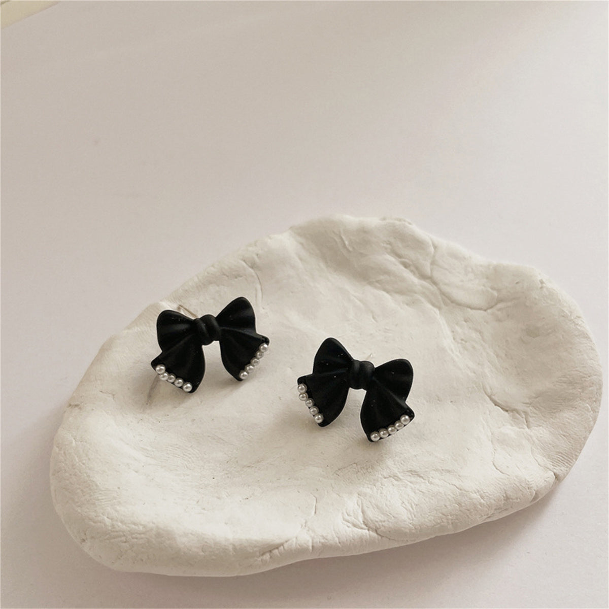 Black Enamel & Pearl Bow Stud Earrings