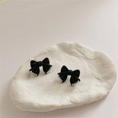 Black Enamel & Pearl Bow Stud Earrings