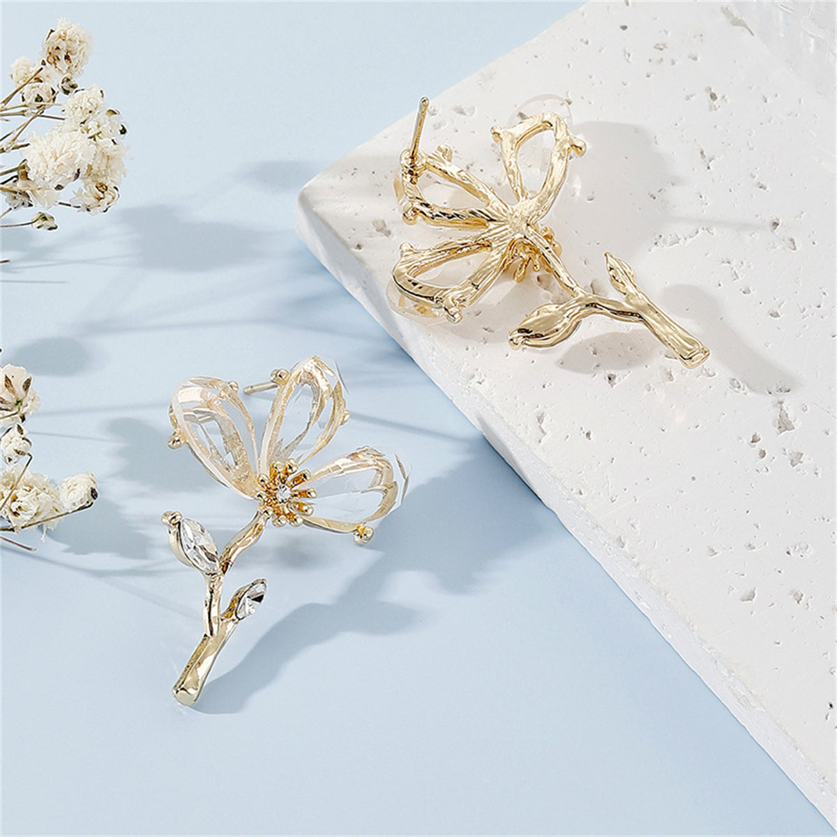 Clear Crystal and 18K Gold-Plated Flower Drop Earrings, gold stud earrings for women, botanical inspired, lifestyle look