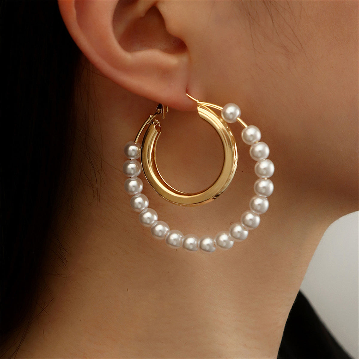 Pearl & 18K Gold-Plated Bead Circle Layered Drop Earrings