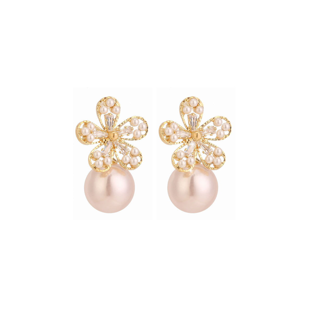 Pearl and Cubic Zirconia 18K Gold-Plated Floral Baguette-Cut Drop Earrings, gold drop earrings for women, lifestyle look