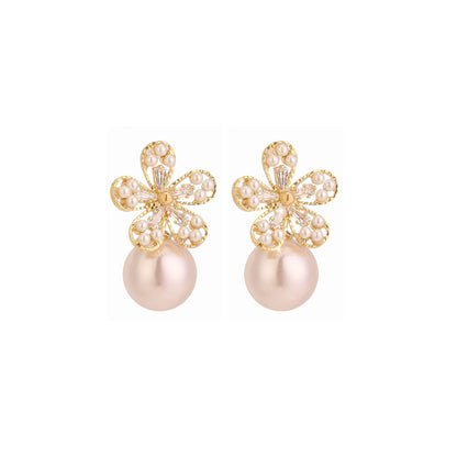 Pearl and Cubic Zirconia 18K Gold-Plated Floral Baguette-Cut Drop Earrings, gold drop earrings for women, lifestyle look