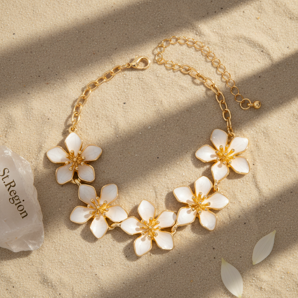 White Enamel & Goldtone Flowers Charm Anklet - Street Region